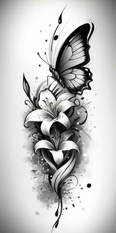 an artistic tattoo design with butterflies and flowers