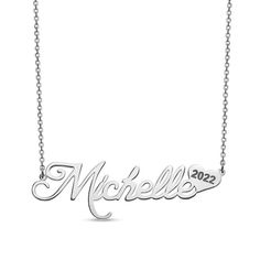 Get high honours with this remarkable graduation gift! Personalize this posh and classic style necklace with the name of your choice, up to twelve characters in length, sculpted in an elegant script font with a heart-shaped accent on the end engraved with her 4-digit graduating year to complete the look. The design is centered along a 16.0-inch cable chain, with a 2.0-inch extender, that secures with a spring-ring clasp. Polished to a brilliant shine, this necklace is the perfect graduation surp Elegant Customizable Necklace For Anniversary Gift, Elegant Customizable Necklace For Anniversary, Elegant Name Necklaces For Anniversary Gift, Elegant Custom Name Necklace For Anniversary, Elegant Personalized Name Necklace For Anniversary, Elegant Personalized Necklace For Anniversary Gift, Customizable Silver Signature Necklace, Engraved Custom Nameplate Necklace For Anniversary, Classic Initials Name Necklace For Anniversary