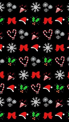 a black background with candy canes and snowflakes