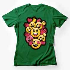 Colorful Happy Emojis T-Shirt, Smiley Faces and Hearts Unisex Tee, Gift for All Ages Female T-Shirt Custom graphic T-Shirt.Customize your color Green Crew Neck Novelty Top, Green Novelty Graphic Print Top, Green Graphic Print Novelty Top, Green Crew Neck Novelty T-shirt, Playful Green Tops With Funny Print, Green Novelty Crew Neck T-shirt, Green Novelty Cotton Top, Green Short Sleeve Novelty Top, Green Novelty Short Sleeve Top