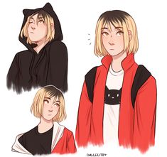 three different images of a person with blonde hair and wearing a red hoodie, one in