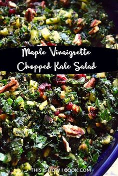 a blue bowl filled with chopped kale salad and topped with cranberry sauce