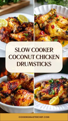 slow cooker coconut chicken drumsticks in white bowls with lemon wedges and parsley