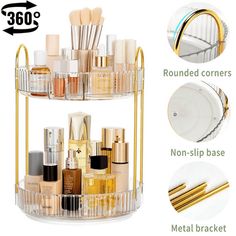 Features: 360 Rotating DesignThe makeup organizer adopts 360 degree rotating design, making it easy to store and pick up your makeup essentials with a gentle rotation. 2" high edge design prevents items from falling out. Large Storage Space2-/3-tier design maximizes the using of vertical space while taking small counter space. Ideal for storing and organizing perfume, cosmetics, skincare products, toiletries and more. Premium Quality MaterialsMade of premium metal and retro transparent plastic m Organizing Perfume, Tray For Bathroom, Organize Bathroom Countertop, Storage Vanity, Cup Tray, Care Organization, Eye Shadow Brush, Nail Polish Organizer, Makeup Holder