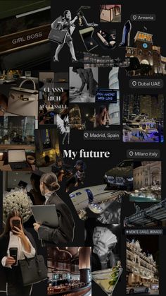 the collage shows many different images in black and white, including an image of a woman holding a laptop