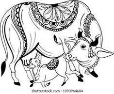 A Cow Drawing, Cow Line Drawing, Cow Line Art, Indian Cow, Cow Sketch, Gond Painting, Cow Drawing, Kalamkari Painting, Kerala Mural Painting