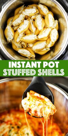 an instant pot stuffed shells recipe is being served in the slow cooker with a ladle full of melted cheese