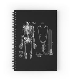 a spiral notebook with an illustration of a skeleton and medical equipment on the front cover