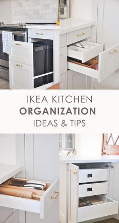 an open drawer in a kitchen with the words ikea kitchen organization ideas and tips