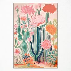 a painting with cactuses and flowers on the side of a wall in front of a white wall