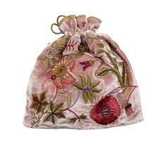 a pink velvet bag with flowers on it