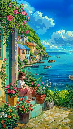 a painting of a woman sitting on a window sill overlooking the ocean and flowers