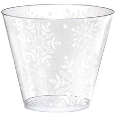 a clear glass with snowflakes on it