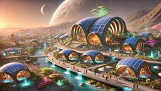 an artist's rendering of a futuristic city surrounded by mountains and planets with people walking around