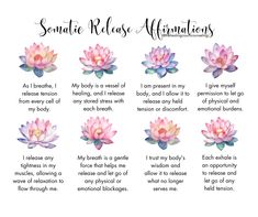 Somatic release affirmations are statements designed to foster a mind-body connection and encourage the release of tension, stress, or stored emotions within the physical body. Somatic release involves becoming aware of bodily sensations, acknowledging them, and intentionally letting go of any discomfort or tightness. Release Affirmations, Stored Emotions, Southlake Texas, Child Of The Universe, Dialectical Behavior Therapy, Mental Health Counseling, Health Heal, Energy Healing Spirituality, Mental Health Advocate