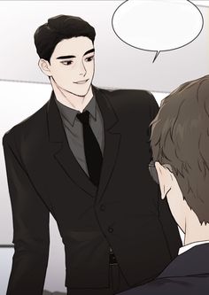 a man in a suit and tie talking to another man with a speech bubble above his head