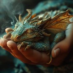 a person holding a small dragon in their hands with steam coming out of its wings