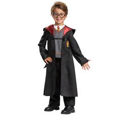 a young boy dressed in harry potter costume with glasses and a robe, standing on a white background