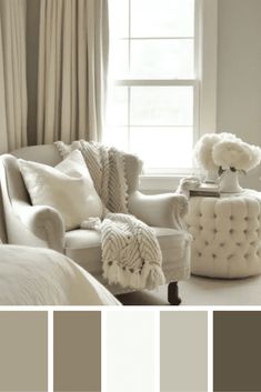 a living room with white furniture and neutral colors in the color scheme for the walls