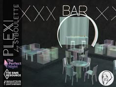 an advertisement for a bar with chairs and tables in the dark room next to it