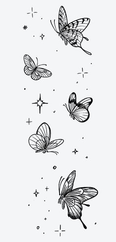 three butterflies flying in the sky with stars around them and one is black and white