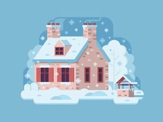 an illustration of a house with snow on the ground and trees in front of it