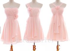 three dresses on mannequins in different colors and sizes, one is pink