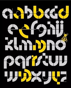 an alphabet with yellow and white letters on a black background, in the style of modern art