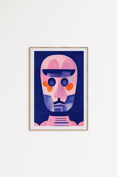 a painting on a white wall with a blue and pink robot in the middle,