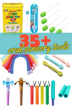 A collection of 35 oral sensory tools, activities, and accessories for kids with sensory needs, including kids with adhd, spd, autism and more. It includes chew necklaces, chewelry, vibrating toys, chewable pencil toppers, sensory activity packs and more. Tools For Kids, Sensory Exploration, Texture Tools, Oral Motor, School Homework, Sensory Stimulation, Processing Disorder, Attention Deficit