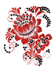 a red and black floral design on a white background with some black dots in the middle