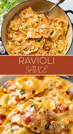 ravioli sauce in a skillet with chicken and cheese on top, and an image of