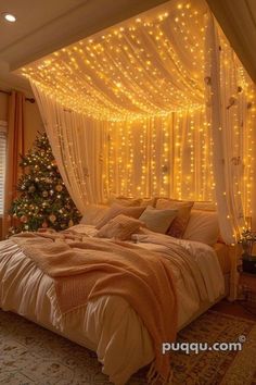 a bedroom decorated for christmas with lights on the ceiling and bed in front of it