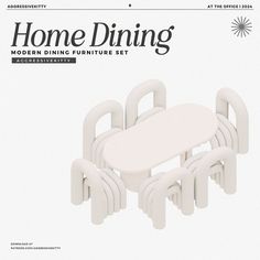 an advertisement for the modern dining furniture set, featuring four chairs and a table made out of white plastic