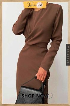 Fashion Long Sleeve Waist Midi Dress(4 Colors) Ruched Midi Dress, Trendy Fashion Outfits, Dresses By Length, Brown Dress, Mode Vintage, Pencil Dress, Wholesale Clothing, Eminem, Classy Outfits