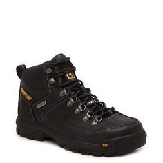 Caterpillar-Threshold Steel Toe Work Boot The Threshold work boot from Caterpillar is rugged, dependable, and waterproof. This leather pair is built tough with a steel toe and electrical hazard safety features. The slip-resistant sole ensures extra protection during your workday, no matter what obstacles you face. Black Waterproof Boots With Protective Metal Feet For Safety, Black Rugged Work Boots With Shock Resistance, Rugged Black Shock Resistant Work Boots, Black Shock Resistant Hiking Boots For Safety, Black Impact-resistant Boots For Construction, Black Impact-resistant Waterproof Boots For Construction, Impact-resistant Black Waterproof Boots For Construction, Rugged Work Boots With Shock Resistance, Rugged Work Boots With Shock Resistance For Streetwear