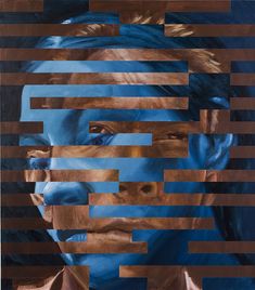 an abstract painting of a man's face with blue and gold paint on it