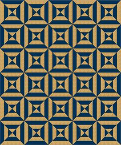 a blue and gold geometric pattern with small squares on the bottom, in different directions