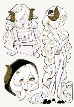 three different drawings of women with horns on their heads and one woman in white dress