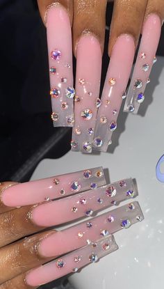 C Curve Nails, Long Curved Nails, Pink Birthday Nails, Pink Bling Nails, Curved Nails, Gem Nails, Crystal Nails