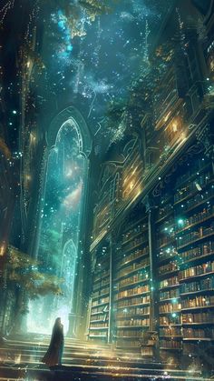 a person standing in front of a book shelf filled with books under a sky filled with stars