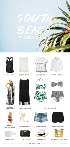 the beach packing guide is shown in white and black, with palm trees behind it