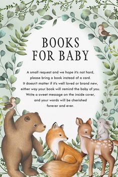 a card with an illustration of two bears and a deer in front of the text reads books for baby