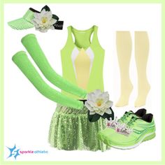 a woman's outfit with green and white shoes, socks, and flower hair clip