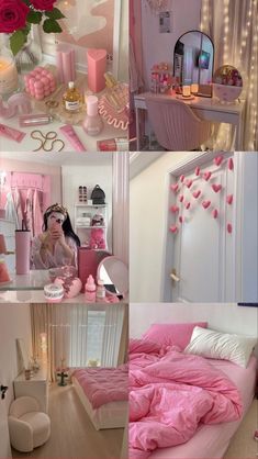 a collage of photos with pink and white decor on the walls, bedding, desks, mirror, curtains