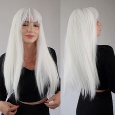 Length: 26 inches Healthy Fiber: This wig use Kanekalon fiber which is suitable for long term use and it is the best fiber material for wig.     Looks completely natural, silky and smooth like real human hair, touch soft, easy to comb, minimum shedding and tangling.     This white wig is crafted with straight, sleek strands that cascade down gracefully, providing a long and flowing appearance. Its bangs are carefully cut to frame the face elegantly, adding a touch of sophistication to any look. Vampire Wig, Silver Lace Front Wig, Silver Lace Front, Silver Wig, Silver Wigs, White Wig, Healthy Fiber, Silver Lace, Real Human Hair