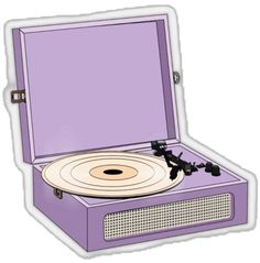 an old - fashioned record player is shown in this purple box with white trims