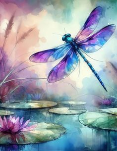 a painting of a dragonfly flying over water lilies and lily paddings