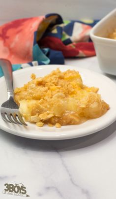 a white plate topped with food next to a bowl filled with rice and a fork