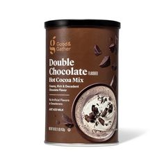 a canister of chocolate and cocoa flavored hot cocoa mix on a white background